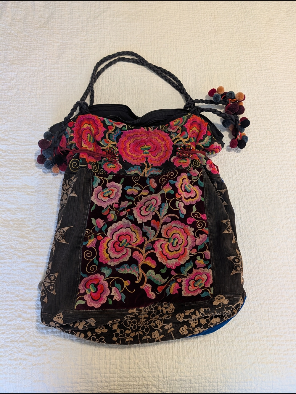 Bohemian Oversized Embroidered Floral Bag Tassels Pompoms